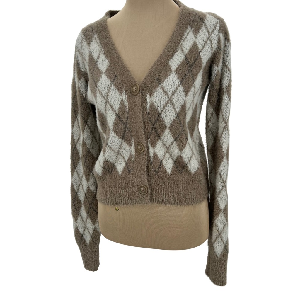 William Rast Womens Tan White Argyle Fuzzy Knit V-Neck‎ Cardigan Sweater Size XS